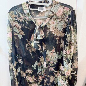 Unique Vintage kitty bow floral blouse